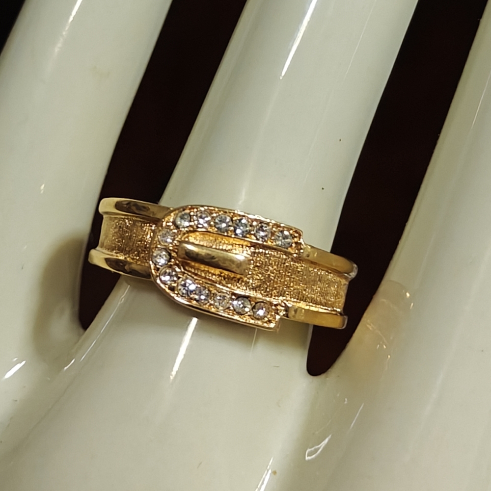 Vintage Retired Avon Gold Buckle Band Ring with Swarovski Crystals